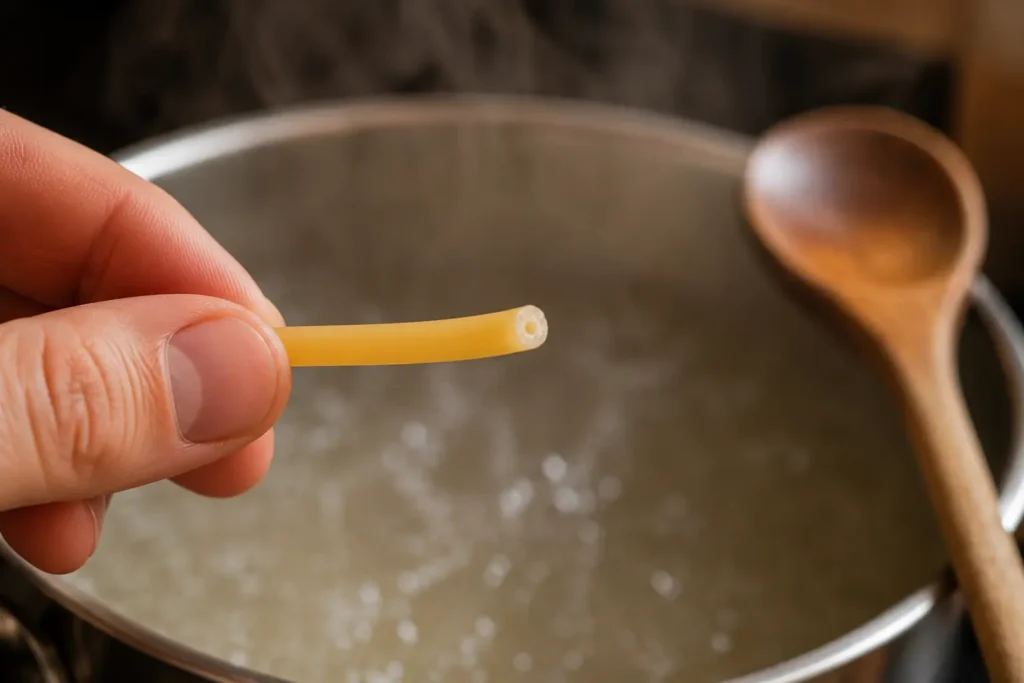 Single cooked spaghetti strand held above a boiling pot, the cut end showing the pale firm center that marks al dente doneness