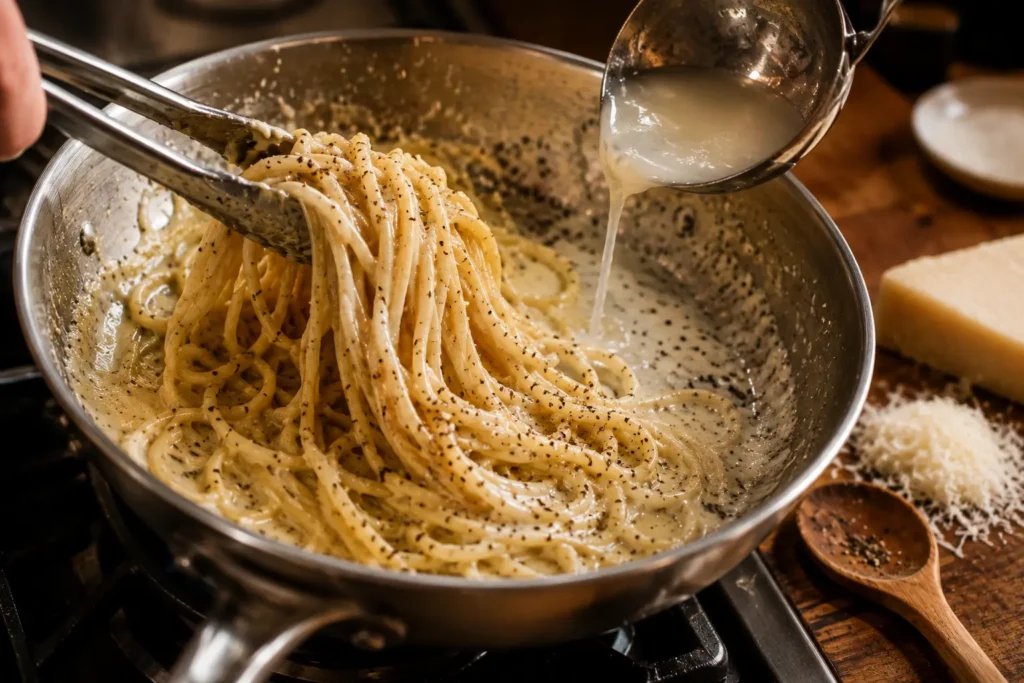 Spaghetti tossed off the heat with grated pecorino black pepper and starchy pasta water emulsifying into a glossy cacio e pepe sauce