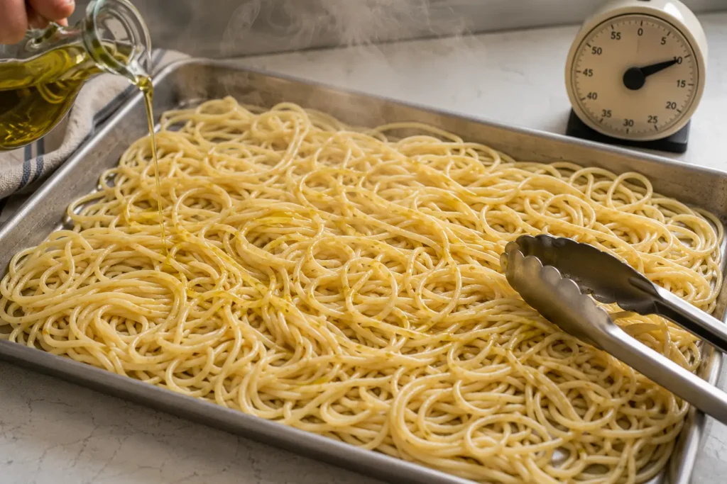 Plain spaghetti spread in a shallow layer on a sheet pan being drizzled with olive oil to cool before storage with a kitchen timer in the background