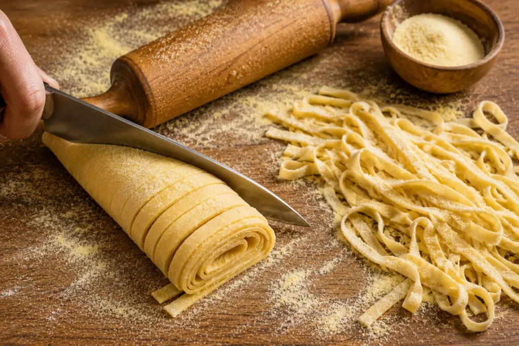 Rolled cylinder of thin fresh pasta sheet being sliced crosswise into tagliatelle ribbons with a chef's knife on a semolina-dusted wooden counter