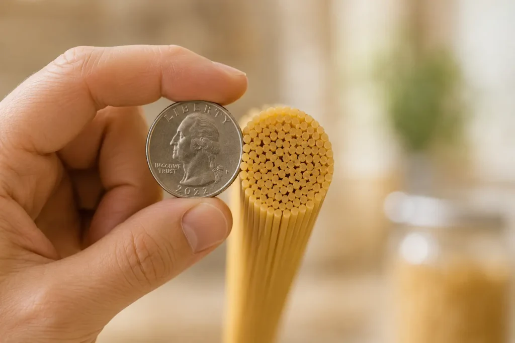Hand holding a vertical bundle of dry spaghetti next to a U.S. quarter coin showing the bundle diameter matches the coin width