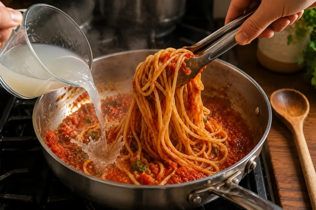 Cooked spaghetti tossed in a sauté pan of glossy tomato sauce with a splash of reserved starchy pasta water being added
