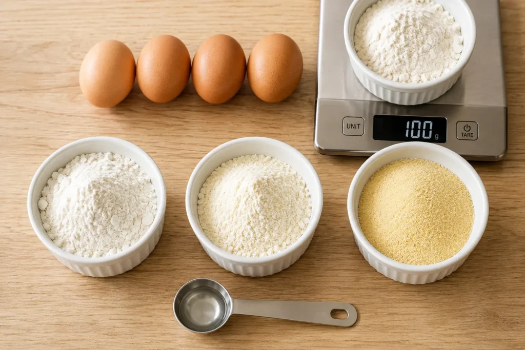 Three ramekins of all-purpose flour, 00 flour, and fine semolina beside four brown eggs and a kitchen scale reading 100 grams