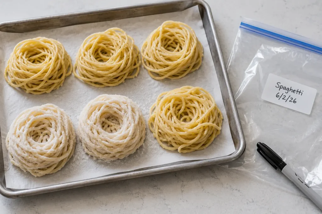 Six loose nests of plain cooked spaghetti spaced on a parchment-lined tray being prepped for the freezer with a labeled zip-top bag beside