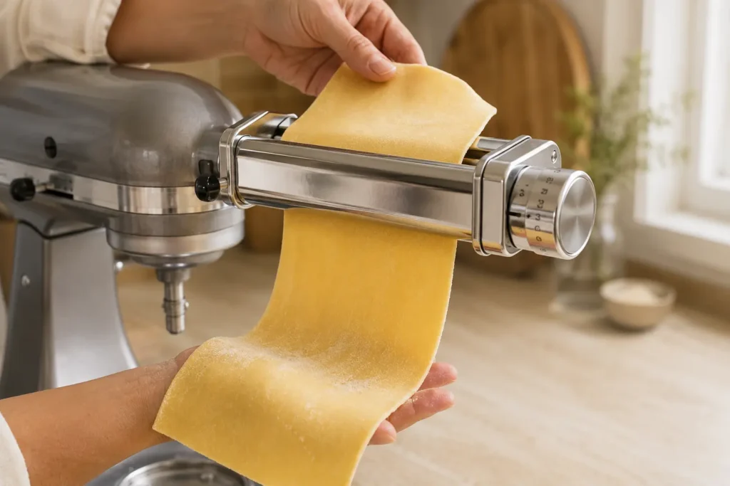 KitchenAid pasta roller attachment producing a smooth pale yellow pasta sheet at thickness setting 3 with the dial in focus