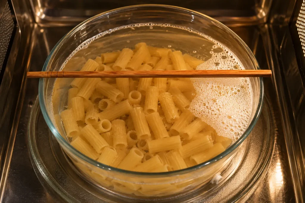 Overhead view of dry rigatoni submerged under two inches of salted water in a deep glass bowl with a chopstick across the rim