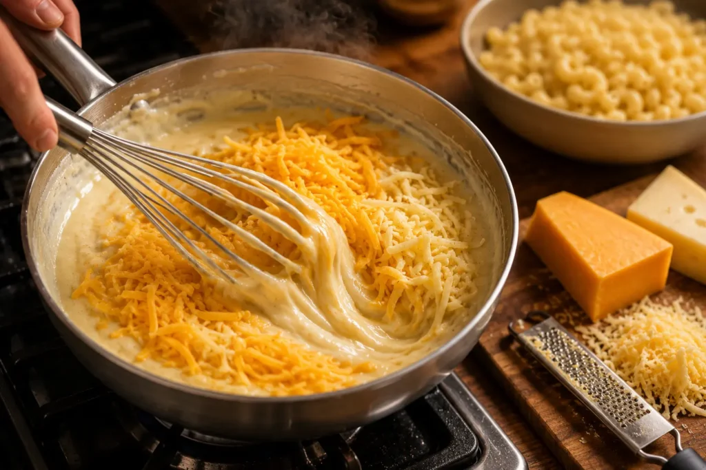 Grated cheddar and Gruyère being whisked off the heat into a finished béchamel turning it into a glossy Mornay cheese sauce for pasta