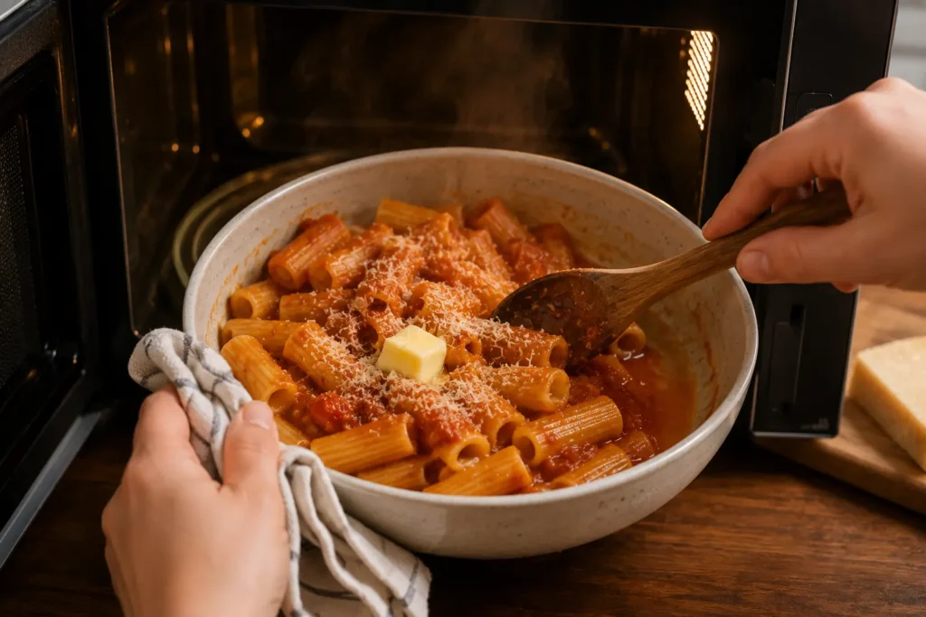 Cooked rigatoni in a ceramic bowl just out of the microwave being stirred with tomato sauce butter and grated parmesan
