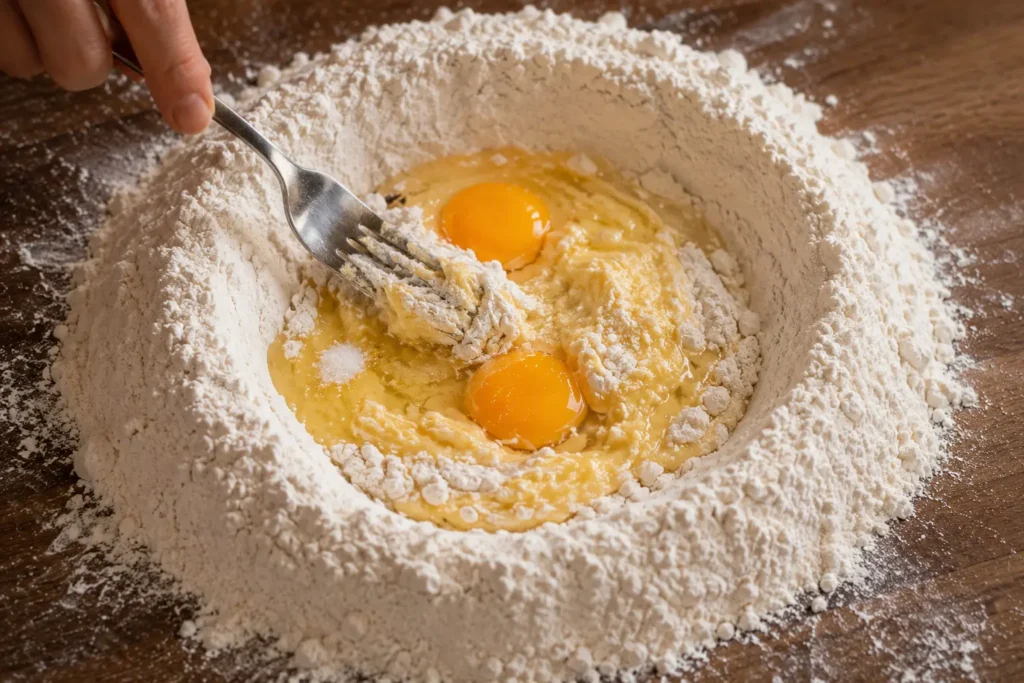 Two whole eggs cracked into a flour well on a wooden counter with a fork pulling flour inward from the inner wall to form pasta dough