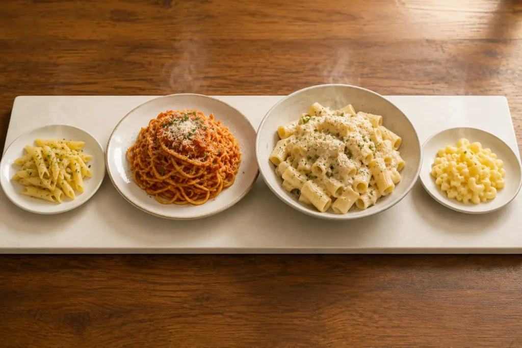 Four pasta plates side by side showing portion sizes from a 1-ounce child plate to a 4-ounce hungry main course on a wooden table