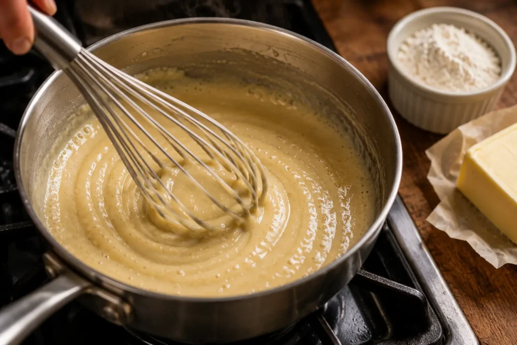 Pale golden butter and flour roux being whisked into a smooth glossy paste in a small saucepan during the first stage of making white sauce