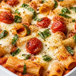 5-Ingredient Baked Caprese Rigatoni - Pure Comfort! Discover easy Baked Caprese Rigatoni! A comforting weeknight meal with fresh tomatoes, basil, and melted che