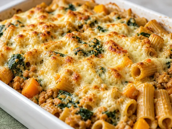 Cheesy Rigatoni Bake with Turkey and Spinach