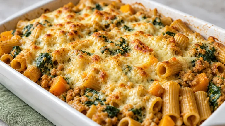 Cheesy Rigatoni Bake with Turkey and Spinach