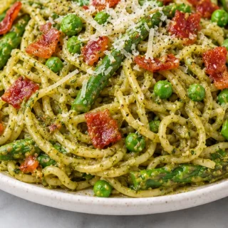 Pesto Asparagus Noodles Recipe - Discover the best Asparagus Noodles recipe! Quick, easy, and packed with flavor. Tender asparagus ribbons with pesto, bacon, pe