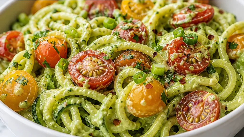 Creamy Avocado Pasta with Tomatoes - Discover the best avocado pasta recipe! This creamy, healthy dish with bursting tomatoes and zucchini noodles is ready in 2