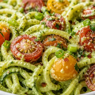 Creamy Avocado Pasta with Tomatoes - Discover the best avocado pasta recipe! This creamy, healthy dish with bursting tomatoes and zucchini noodles is ready in 2
