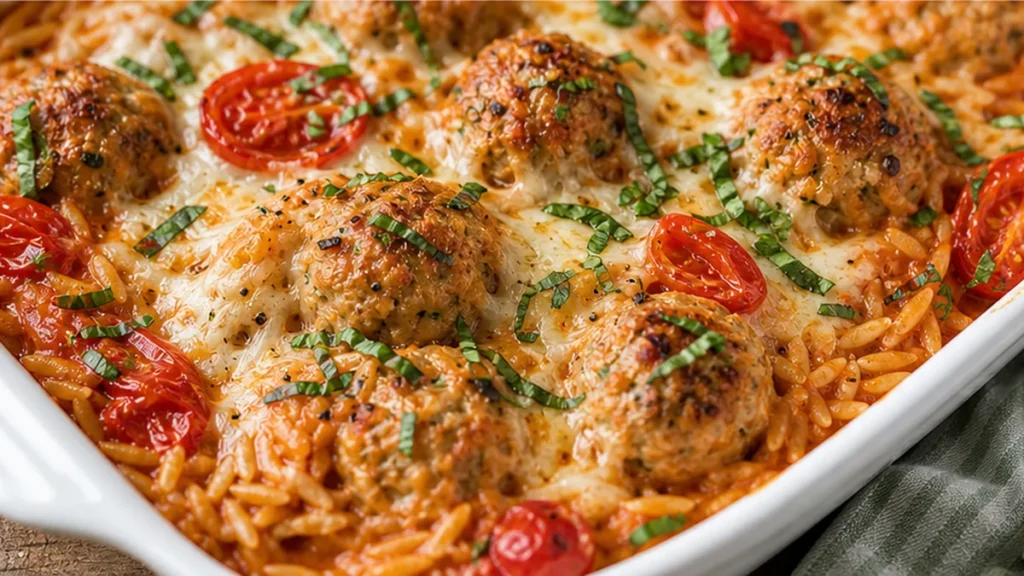 Cheesy Meatball Orzo Bake - Dinner Done! - baked orzo - Discover the ultimate Baked Orzo with Meatballs recipe! Easy to make in one pan with creamy orzo, juicy