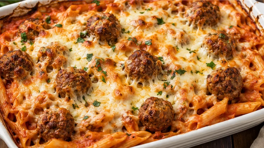 No-Boil Baked Penne Magic with Meatballs! Discover the ultimate easy baked penne recipe! One-dish wonder with tender pasta, juicy meatballs, and creamy sauce. R