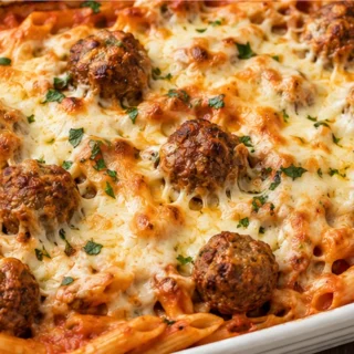 No-Boil Baked Penne Magic with Meatballs! Discover the ultimate easy baked penne recipe! One-dish wonder with tender pasta, juicy meatballs, and creamy sauce. R