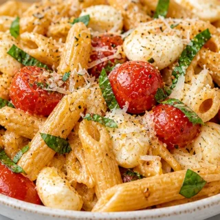 Caprese Penne Pasta Dream! Discover this ultimate Caprese Penne recipe! Easy to make with fresh mozzarella, cherry tomatoes, and basil. Ready in under 30 minute