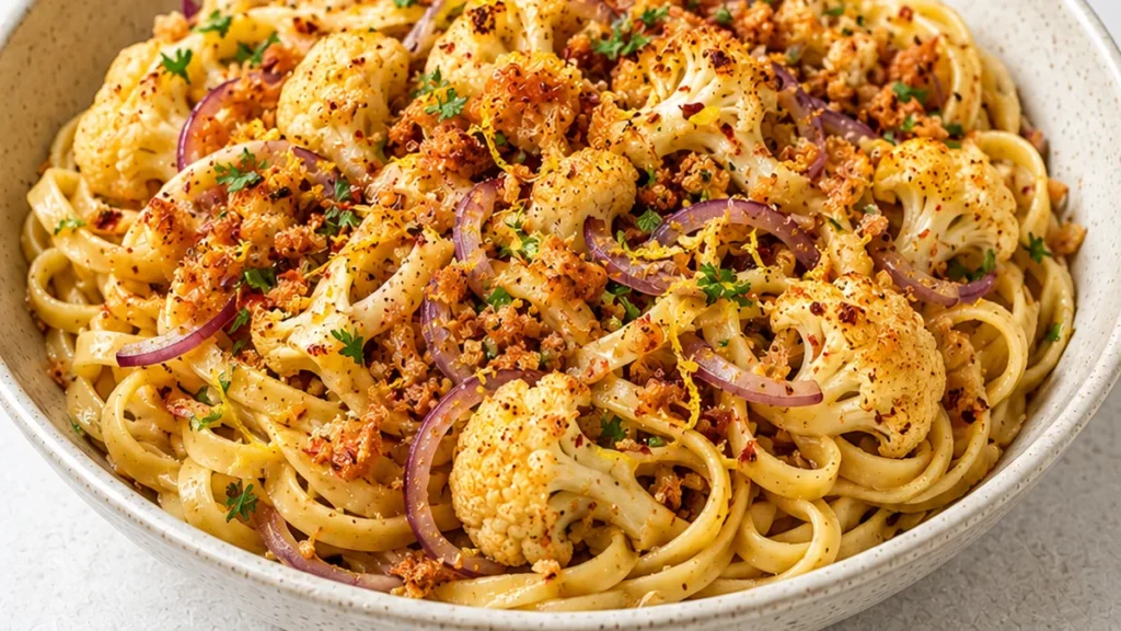 Crispy Cauliflower Pasta Dream! Cauliflower pasta: Try this easy garlic butter recipe with crispy pangrattato and lemon zest. Perfect for a quick weeknight dinn