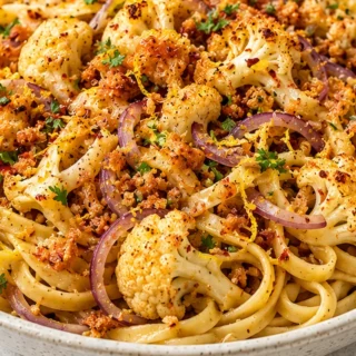 Crispy Cauliflower Pasta Dream! Cauliflower pasta: Try this easy garlic butter recipe with crispy pangrattato and lemon zest. Perfect for a quick weeknight dinn
