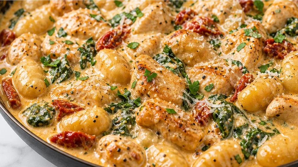Creamy Chicken Gnocchi Bliss! Discover this ultimate chicken gnocchi recipe! Tender chicken, pillowy gnocchi, and sun-dried tomatoes in a creamy sauce. Quick, e