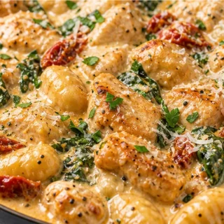 Creamy Chicken Gnocchi Bliss! Discover this ultimate chicken gnocchi recipe! Tender chicken, pillowy gnocchi, and sun-dried tomatoes in a creamy sauce. Quick, e