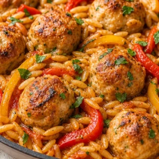 Juicy Chicken Meatballs with Peppers & Orzo - Discover easy chicken meatballs with peppers and orzo! This delicious recipe is ready in under 40 minutes for a pe