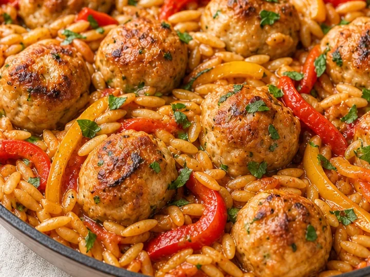 Juicy Chicken Meatballs with Peppers & Orzo
