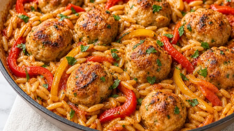 Juicy Chicken Meatballs with Peppers & Orzo