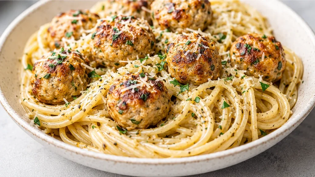 Garlic Herb Spaghetti with Baked Chicken Meatballs - Discover the ultimate Garlic Herb Spaghetti with Baked Chicken Meatballs! Juicy, flavorful meatballs and ga
