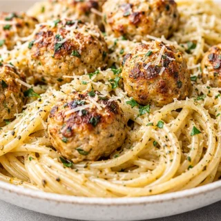 Garlic Herb Spaghetti with Baked Chicken Meatballs - Discover the ultimate Garlic Herb Spaghetti with Baked Chicken Meatballs! Juicy, flavorful meatballs and ga
