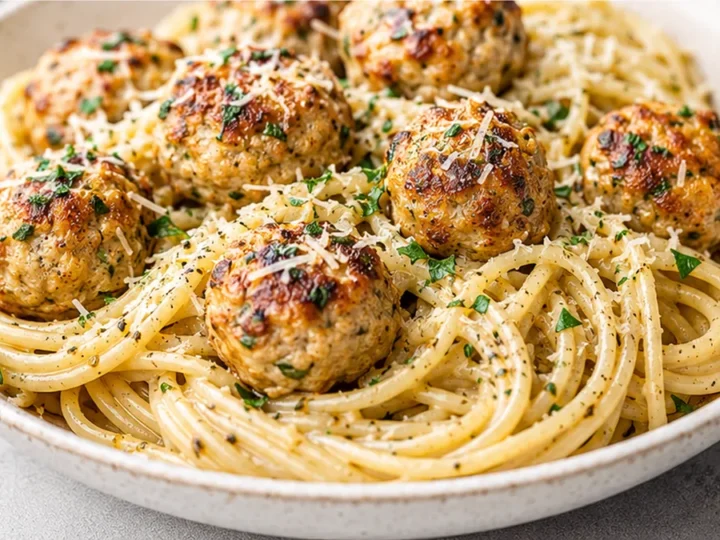 Garlic Herb Spaghetti with Baked Chicken Meatballs