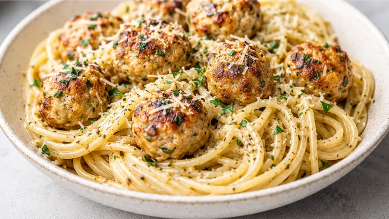 Garlic Herb Spaghetti with Baked Chicken Meatballs