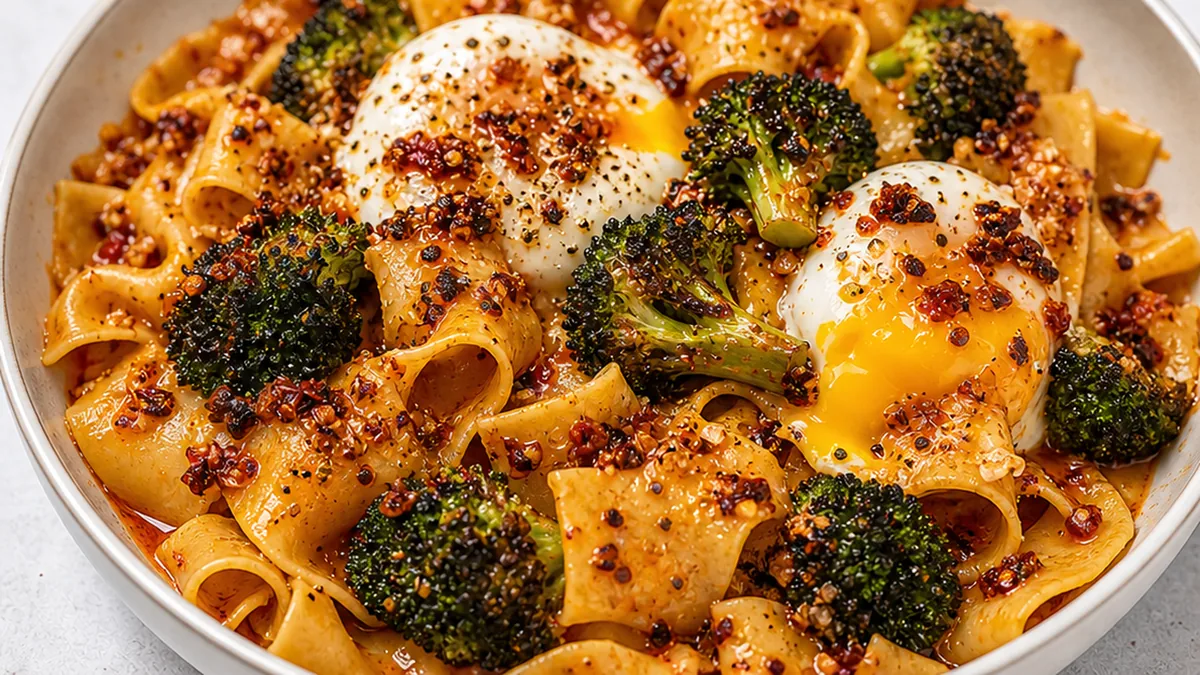 Chili Garlic Pappardelle with Crispy Broccoli & Eggs - Discover the ultimate Chili Garlic Pappardelle recipe! Easy to make with crispy smashed broccoli and soft