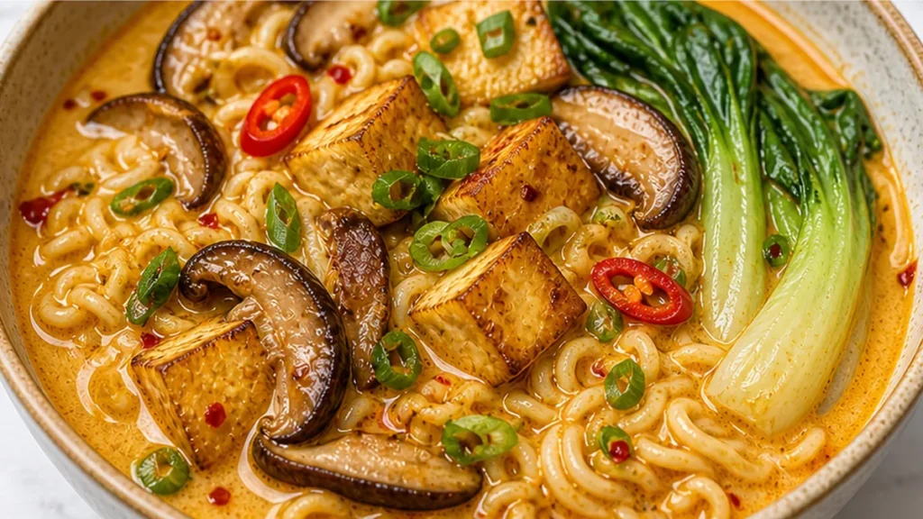 Creamy Coconut Curry Ramen: Spicy & Savory! Discover this easy Coconut Curry Ramen recipe with crispy baked tofu, savory mushrooms, and fresh bok choy in a rich