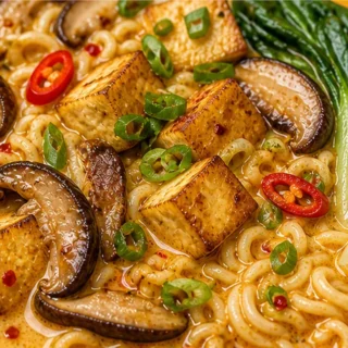 Creamy Coconut Curry Ramen: Spicy & Savory! Discover this easy Coconut Curry Ramen recipe with crispy baked tofu, savory mushrooms, and fresh bok choy in a rich
