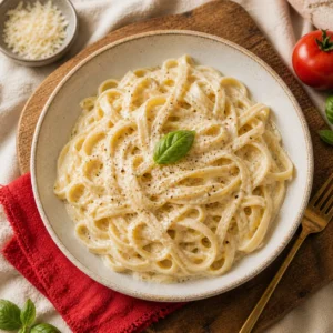 Creamy Pasta Recipes hero, fettuccine alfredo with glossy parmesan-cream sauce, cracked black pepper, basil