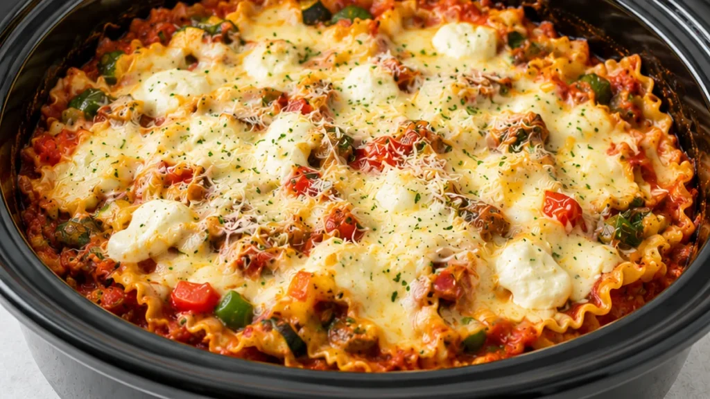 Easy Crockpot Lasagna - SO CHEESY! Discover the easiest Crockpot Lasagna ever! Layers of veggies, cheese, and sauce cooked to perfection. Minimal prep for a del