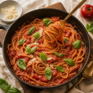 Easy Pasta Recipes hero, one-pot tomato spaghetti with vibrant red marinara, fresh basil, parmesan flakes