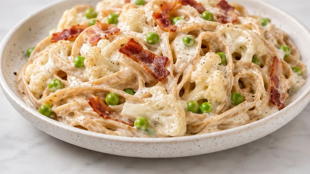 Creamy Fettuccine Alfredo - Guilt-Free & Decadent! Discover a lighter Fettuccine Alfredo! Whole wheat pasta in a creamy cauliflower sauce with bacon and peas. D