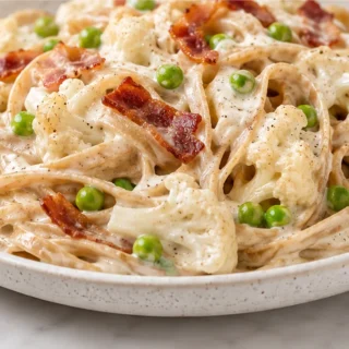 Creamy Fettuccine Alfredo - Guilt-Free & Decadent! Discover a lighter Fettuccine Alfredo! Whole wheat pasta in a creamy cauliflower sauce with bacon and peas. D