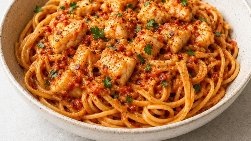 Spicy Calabrian Fish Ragu! Fish Ragu: Master this spicy Calabrian seafood pasta in 30 minutes. Tender fish, vibrant flavors, perfect for an easy weeknight dinne
