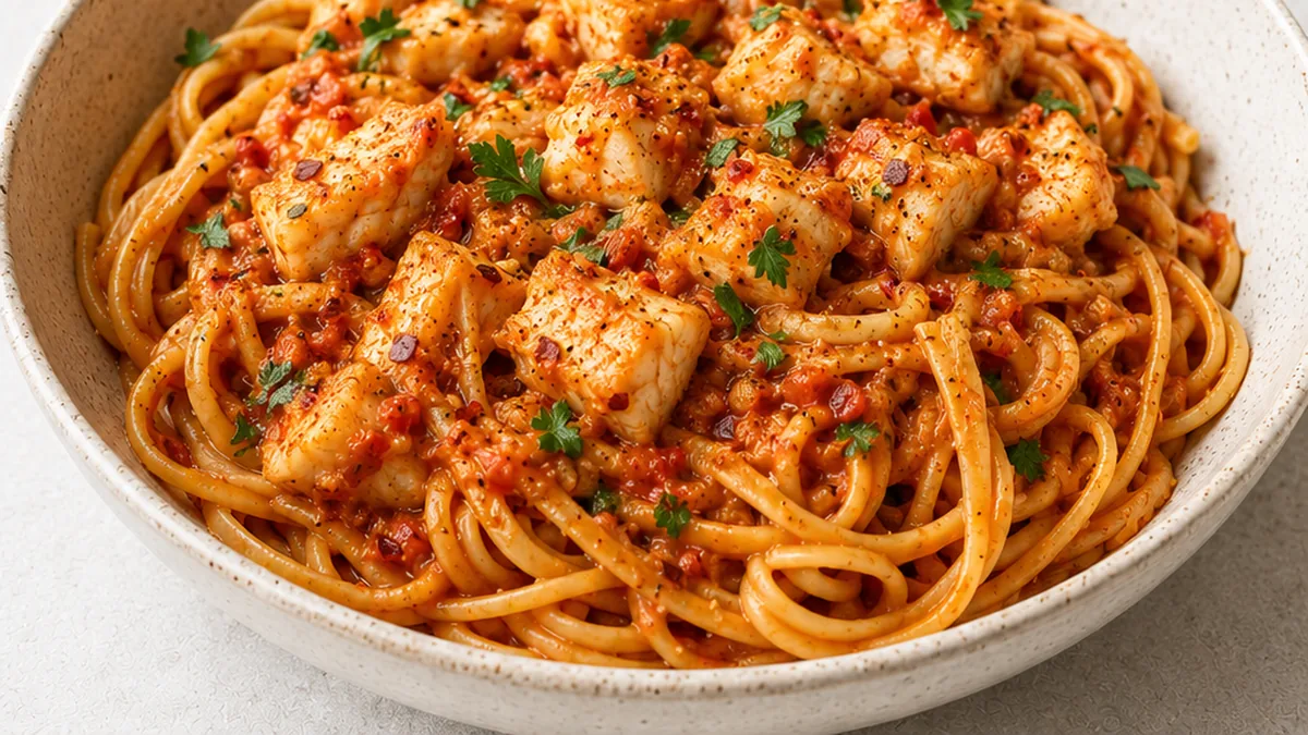 Spicy Calabrian Fish Ragu! Fish Ragu: Master this spicy Calabrian seafood pasta in 30 minutes. Tender fish, vibrant flavors, perfect for an easy weeknight dinne