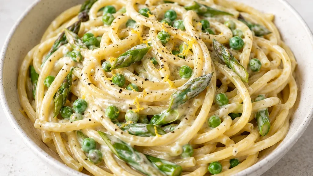 Creamy Bucatini Dream! Easy Dinner - garlic bucatini - Discover this creamy garlic bucatini with peas and asparagus! A quick and easy recipe ready in 25 minutes
