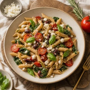 Healthy Pasta Recipes hero, Mediterranean whole-wheat penne with cherry tomatoes, baby spinach, crumbled feta