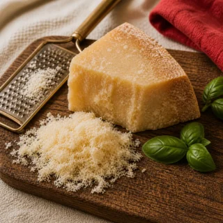Cheese wedge, aged Parmigiano-Reggiano with golden rind beside a brass microplane grater on cream linen