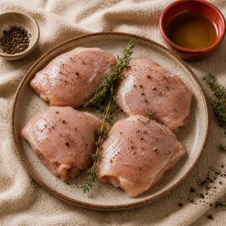 Chicken, four raw boneless thighs glistening on warm cream linen with fresh thyme sprig and cracked black pepper